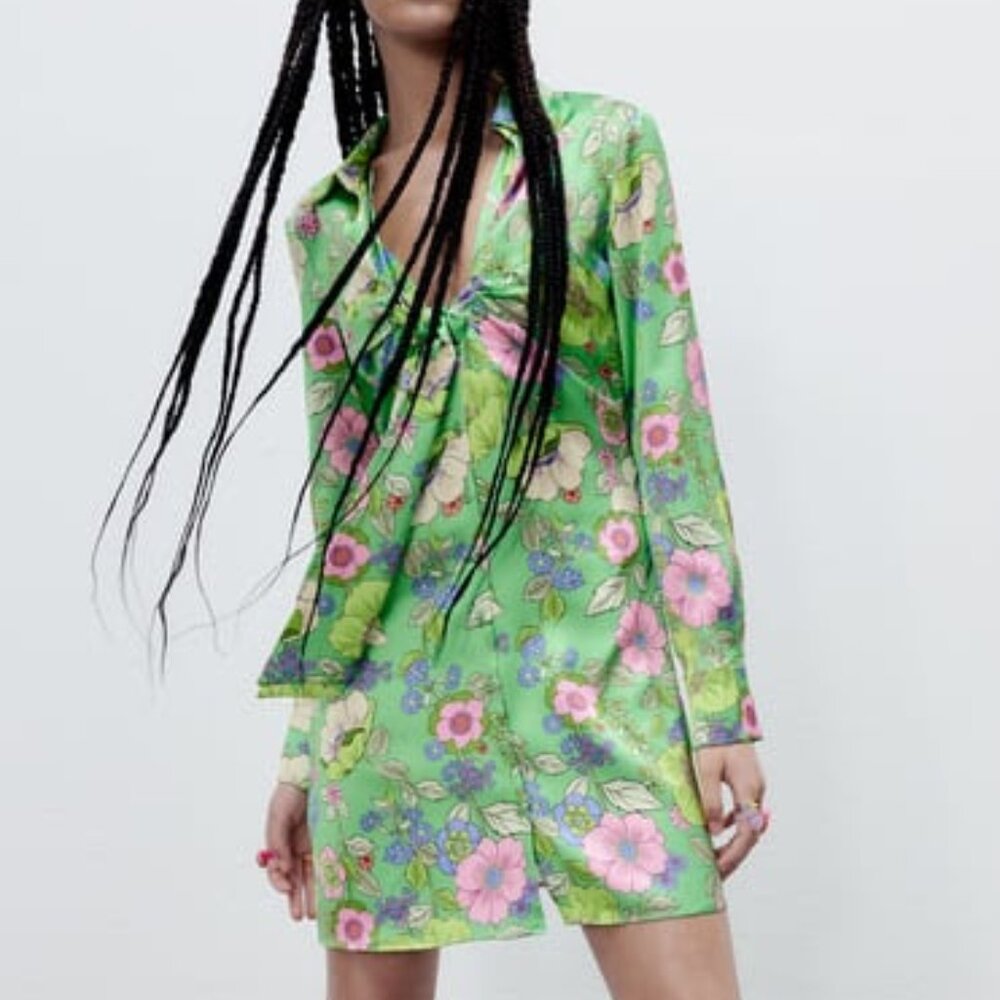 ZARA Green Floral Satin Dress Size Small